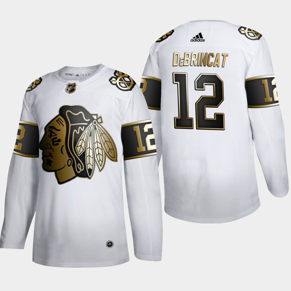Cheap Chicago Blackhawks 12 Alex DeBrincat Men Adidas White Golden Edition Limited Stitched NHL Jersey
